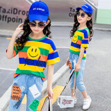 撒娇娃童装女童夏装套装2021新款夏季短袖牛仔裤两件套女孩洋气中童4-12岁网红中大童夏天衣服 笑脸条纹蓝色套装 110(建议身高105左右)