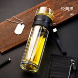 创建茶水分离过滤泡茶杯子男士女生泡花茶双层玻璃杯便携大容量喝水杯 黑色350ml【普通双层提绳款】