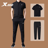 特步（XTEP）运动套装男秋季新款服饰休闲服两件套冰感速干翻领短袖束脚裤子男 黑色-(两件套) S/165