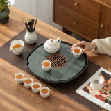 陶尚吟 陶瓷天然石材茶台储排水两用式现代简约家用办公小茶盘功夫茶具 金边山水茶壶套组+木纹莲花