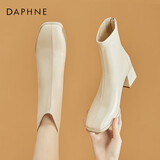 达芙妮短靴女英伦风弹力靴瘦靴靴子粗跟中筒短靴女鞋 米色（绒里） 36