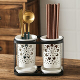 一淘一陶 陶瓷筷子筒沥水壁挂式家用筷子桶盒多功能筷笼镂空筷筒筷子笼 JD－雪花筒*2+碟*2+台架+挂钓