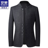 罗蒙（ROMON）商务中山装男春秋款修身呢子西装外套男士上衣西服男休闲单西男装 黑灰 185/2XL