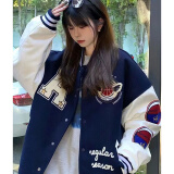 美式复古外套秋冬男字母刺绣拼接夹克男棒球服外套男女宽松情侣潮 FXFS-J037-蓝色 2XL