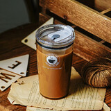 良工匠意吸管杯成人高颜值大容量刻度杯玻璃杯子牛奶咖啡杯可微波炉加热 圆形图案 白色杯套 吸管礼包