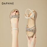 达芙妮波西米亚坡跟凉鞋女夏季新款仙女风女鞋软底一字带舒适平底沙滩鞋 米色 37