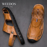 威登羊夏季包头凉鞋男士手工沙滩鞋牛皮户外洞洞鞋透气休闲凉拖鞋镂空涉水溯溪鞋子 1802金黄 40