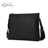 SATCHI沙驰单肩包经典真皮手写体横款斜挎包新款男包送男友送父亲送领导 黑色