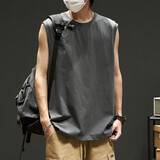 遥渠（YAO QU）夏季纯色背心男潮牌帅气短袖宽松圆领体恤ins港风百搭运动坎肩 深灰色 XL【110-130】