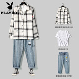 花花公子【3件套】短袖T恤男士新款青年牛仔裤套装男休闲宽松衣服裤子男装 LY513白衬衫＋2001短袖+2488牛仔裤 XL