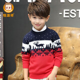 恒源祥童装男童棉毛衣秋冬款套头撞色线衣针织衫加绒打底衫 红色小鹿 150