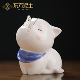 东方泥土《猫戏蝶》德化中式陶瓷可爱猫咪摆件卧室书房桌面装饰品 H03-57A 猫戏蝶简装