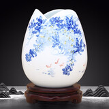 傲世景德镇陶瓷器新中式青花瓷水培插花瓶工艺品客厅摆件博古架装饰品 紫气东来三叶荷（配木质底座）