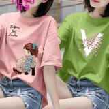 欧妤短袖t恤女2025春夏季韩版显瘦百搭宽松休闲上衣打底衫 粉色板凳女孩+绿色樱花 XL 建议110-120斤