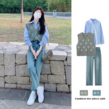 韩璐娇（hanlujiao）休闲裤女装2024春装新款女气质小香风时尚牛仔裤小个子秋冬套装女 灰色马甲+蓝色衬衫【两件】 S