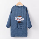 派依兔罩衣儿童秋冬加长款4-8岁童罩衣围裙中大童防水画画衣反穿衣长袖 中长小猴牛仔蓝色 XXL码建议身高 125-138厘米】