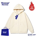 WASSUP HERMU官方潮流连帽卫衣男秋冬季运动休闲情侣套装大码外套潮牌长袖开衫 加绒加厚-杏色 L （建议120-140斤）