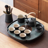 陶尚吟 陶瓷天然石材茶台储排水两用式现代简约家用办公小茶盘功夫茶具 木纹莲花黑陶提梁小套组