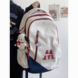 丛林鸟书包女高中大学生美式复古大容量背包韩版潮流百搭初中生双肩包男 白配红蓝【小狗+链徽章随机】