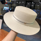 撞青春防晒遮阳帽草帽女春夏季草编欧美法式时尚平顶礼帽沙滩百搭太阳帽 白色 均码（55-60cm）