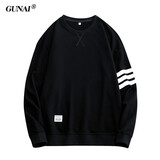 古耐先生（Mr.gnight） 卫衣男纯色圆领三条杠宽松休闲长袖T恤男士上衣打底衫学生男装 黑色 XL