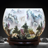 景德镇陶瓷器聚宝盆工艺品金鱼缸睡莲碗客厅大摆件乔迁新居礼物家居玄关办公室装饰品公司开业礼品桌面摆设 粉彩两岸青山聚宝盆（配旋转底座+证书）