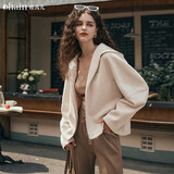 Olrain欧芮儿麂皮绒连帽短外套女装秋季新款休闲百搭宽松上衣防风 奶油杏 L