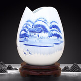 傲世景德镇陶瓷器新中式青花瓷水培插花瓶工艺品客厅摆件博古架装饰品 江南水乡三叶荷（配木质底座）