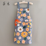 茶光（CHAGUANG）可爱小清新纯棉帆布围裙女夏季薄款透气围腰洋气韩版时尚 背带帆布纯棉（蓝底向日葵）