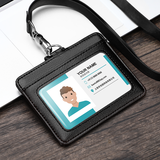 朗捷 真皮工作牌牛皮证件卡套商务员工胸牌带收纳卡位挂脖牌会议出入证工作证套可定制企业logo 商务黑（横款）