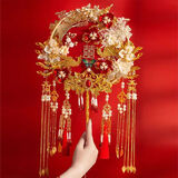 祥盈升团扇结婚秀禾新娘结婚成品团扇结婚新婚礼物送新人新娘闺蜜手捧花 （材料包）双面团扇-高定礼盒木扇架