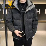 花花公子（PLAYBOY）冬季羽绒服男青少年男士短款连帽上衣服冬季加厚保暖潮流亮面外套 黑色 XL
