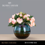 荣山创意设计师北欧玻璃花瓶轻奢摆件干花插花欧式客厅现代简约蓝琥珀 高16.5cm瓶+牡丹