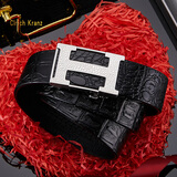 Clrich Kranz男士皮带男真皮腰带H工字平滑扣鳄鱼纹纯牛皮商务裤带送老公礼物 银H自动款+黑色带身鳄鱼纹礼盒 留意裤码默认发120cm可修剪