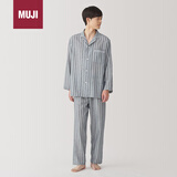 MUJI男式无侧缝双层纱织睡衣家居服 中灰色条纹5S XL 