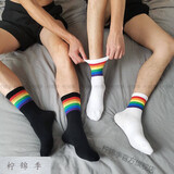 柠锦季彩虹中筒长筒棉男式袜子白袜控个性条纹潮高筒运动袜C19 2双白色