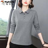 啄木鸟纯棉长袖T恤女2025春季新款宽松大l码妈l妈POLO翻领外穿百搭上衣 灰色 M 建议90-105斤