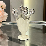 BSD水果叉甜品叉收纳罐家用果叉创意欧式水果签插针蛋糕叉子点心叉子 褶皱收纳罐+小叉子*6（奶白色）