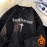 鹿凌青春秋季长袖T恤男宽松麂皮绒上衣服卫衣男女情侣青少年冬季打底衫 E02黑色 加绒 XL （110-132斤）