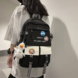 日系韩国ins风大容量书包男女高中学生韩版原宿学院风简约休闲初中生校园背包港风大学生男生双肩包电脑包 黑配白色+小鸭【关注的店铺带勋章】