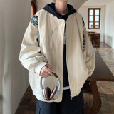普戈斯（PUGESI）棒球服男外套春秋季胖子加大码新款潮流宽松百搭拼色圆领夹克 J851杏色春秋无帽款 3XL