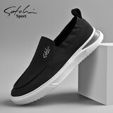 沙驰男鞋休闲鞋春秋季新款套脚休闲布鞋男士驾车鞋一脚蹬懒人鞋乐福鞋 黑色 42 【皮鞋码】