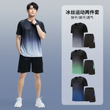 纽凯森 NEWKKASEN健身衣男冰丝速干运动服套装夏季短袖t恤跑步休闲篮球训练短裤女 黑灰 XL