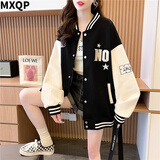 MXQP学院风棒球服外套女2025秋冬新款韩版宽松休闲卫衣百搭撞色上衣潮 黑色 M 【80-110斤】
