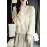 德玛纳少女感冬季淑女圆领长袖线衫钉珠提花时髦针织衫女上衣 米白 M 