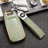 奥迪新A4L Q5L A7 A5 A6L Q3Q8汽车钥匙包套 改装遥控器钥匙壳男女锁匙扣挂链内饰品 【A款智能三键】-抹茶绿+压纹皮双扣 汽车用品配件功能小件