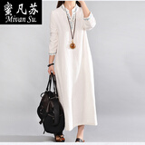 蜜凡苏棉麻长裙子连衣裙到脚踝新款刺绣民族风宽松大号码V领A字 白色 L 【建议116-130斤】