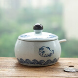 和风四季釉下彩调味罐家用厨房盐罐防潮调料盒调料瓶调料罐油辣子罐猪油罐 大号复古河豚调味罐配瓷勺 550ml