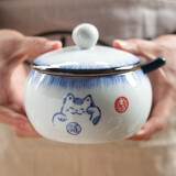 和风四季釉下彩调味罐复古盐罐油罐厨房调料罐调料盒陶瓷辣椒罐猪油罐炖盅 招财猫蓝色大号调味罐+祖母勺