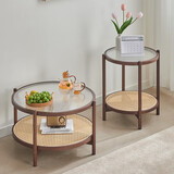 竹庭日式圆形实木藤编玻璃茶几客厅家用小户型简约现代沙发边几小茶桌 寻觅圆形茶几组合【茶色】